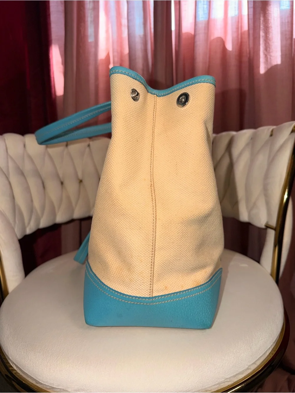 Rare Authentic Prada Canvas Tote Bag in Cream and Turquoise